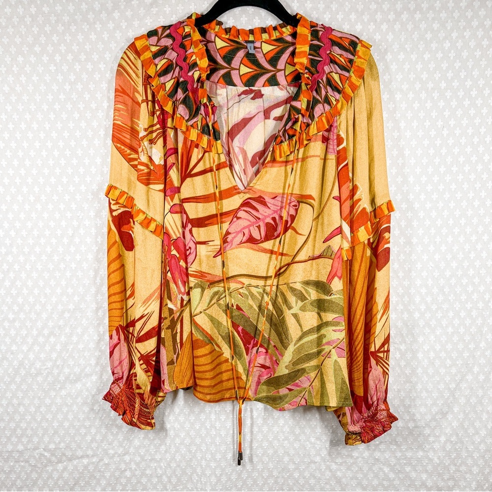Anthropologie Blank Orange Pink Floral Puff Sleeve Ruffle Top